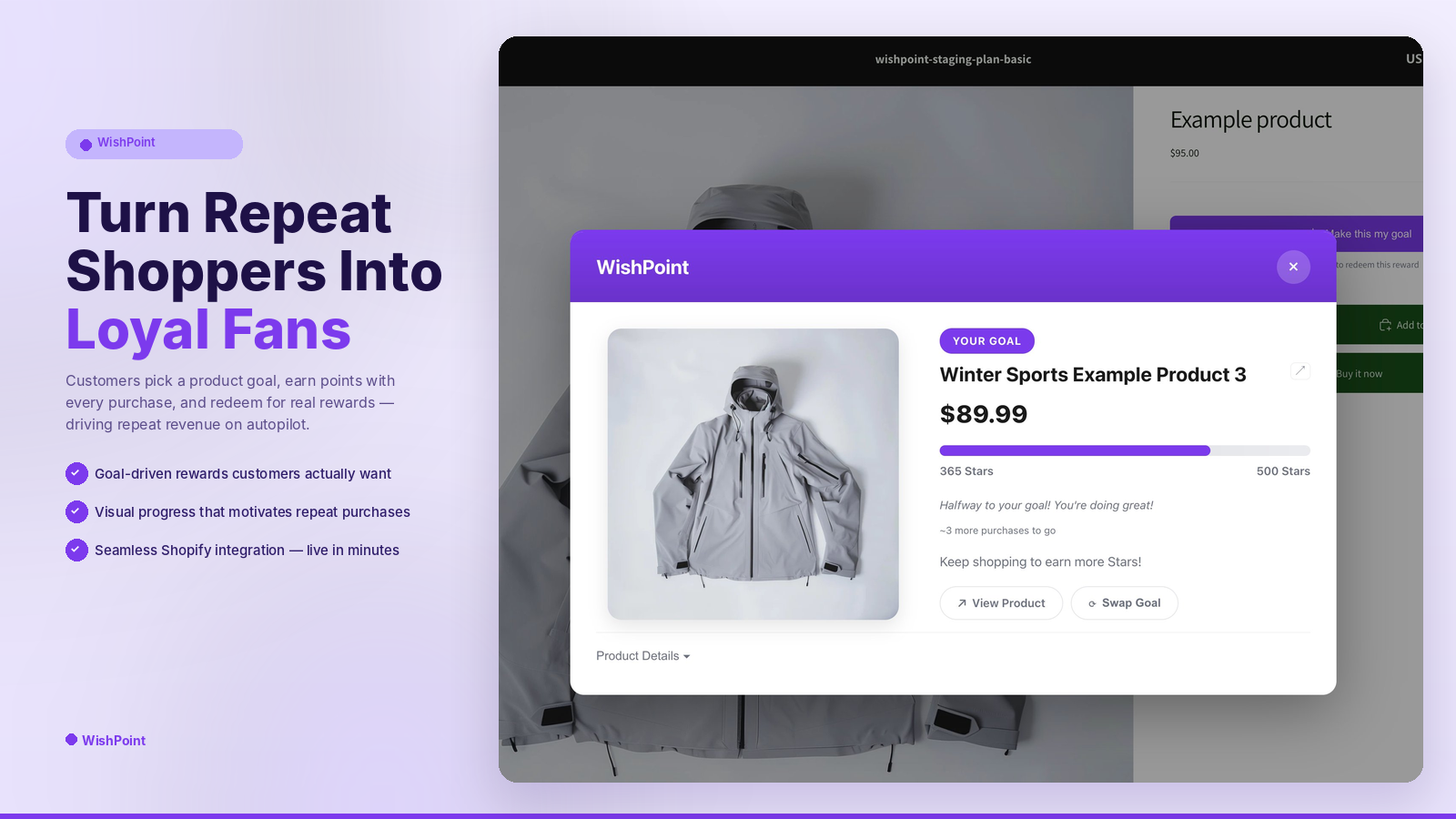 Example WishPoint product-goal modal displayed over a Shopify storefront